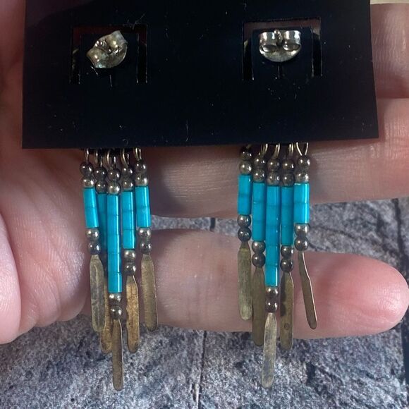 Boho Turquoise and Silver Beaded Earrings Tribal Southwestern Style Dangle - Picture 4 of 4